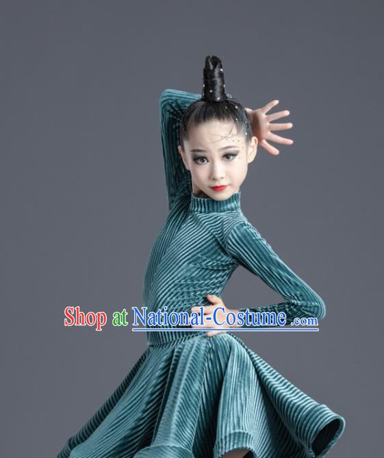 Children Latin Dance Dress Professional Modern Dance Competition Costume Ballroom Dance Green Clothing