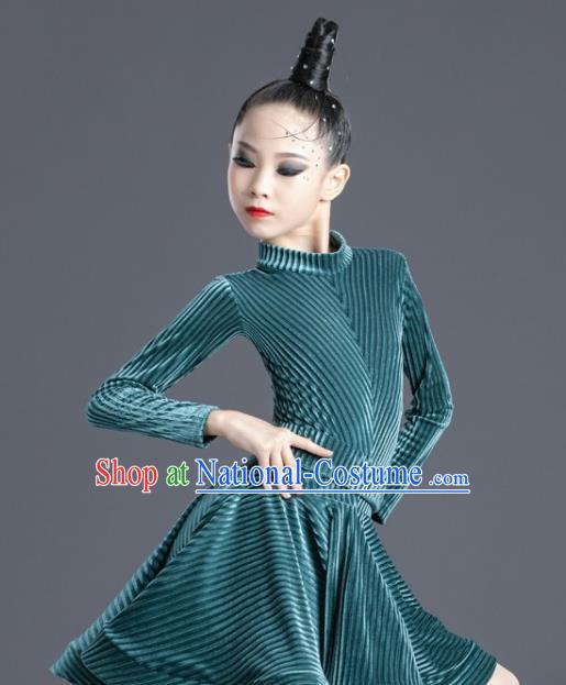 Children Latin Dance Dress Professional Modern Dance Competition Costume Ballroom Dance Green Clothing