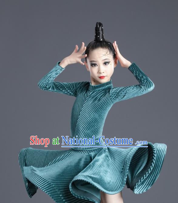 Children Latin Dance Dress Professional Modern Dance Competition Costume Ballroom Dance Green Clothing