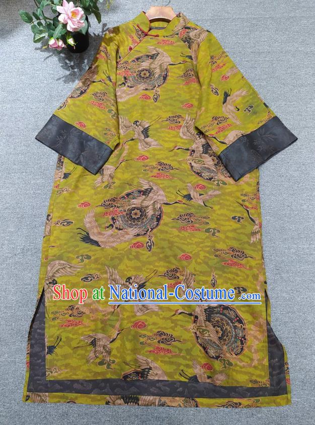 Chinese Traditional Printing Cranes Green Silk Cheongsam National Women Clothing Classical Qipao Dress