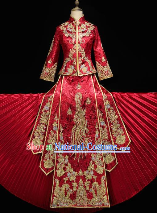 Chinese Bride Toast Costumes Traditional Embroidered Red Xiuhe Suit Wedding Diamante Golden Phoenix Outfits Clothing