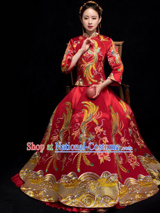 Chinese Embroidery Phoenix Peony Red Outfits Ancient Bride Costumes Traditional Xiuhe Suit Wedding Toast Clothing