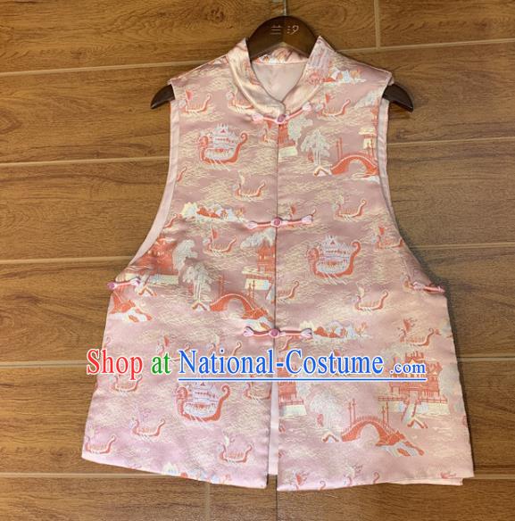 Chinese Tang Suit Waistcoat National Pink Brocade Vest Upper Outer Garment