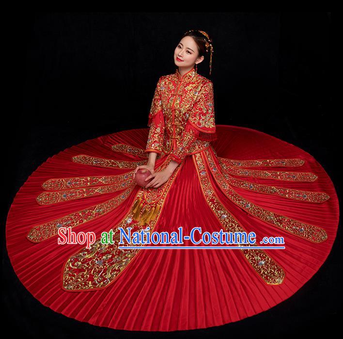 Chinese Ancient Bride Embroidery Costumes Traditional Xiuhe Suit Wedding Toast Clothing Red Tassel Outfits