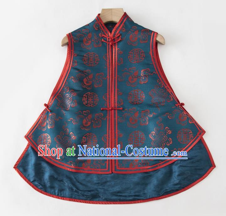 Chinese National Blue Brocade Vest Upper Outer Garment Tang Suit Waistcoat