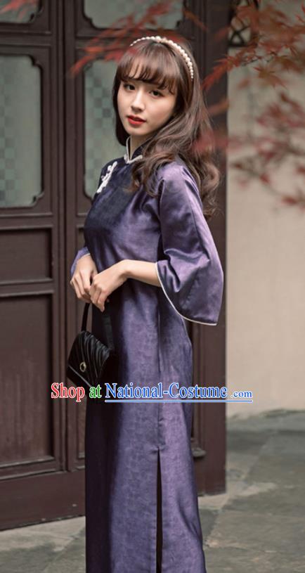 Chinese National Wide Sleeve Cheongsam Traditional Women Clothing Deep Purple Qipao Dress