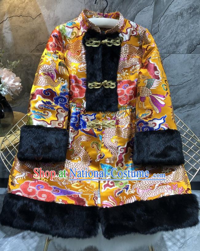 China Woman Classical Dragon Pattern Golden Brocade Jacket Traditional Tang Suit Cotton Padded Coat