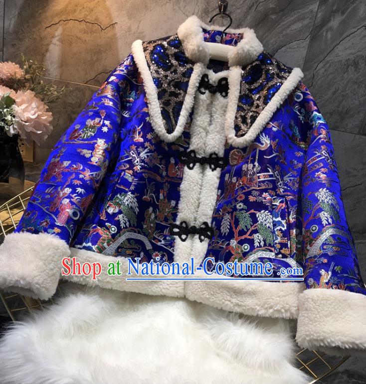 China Traditional Tang Suit Winter Cotton Padded Coat Woman Classical Royalblue Brocade Jacket