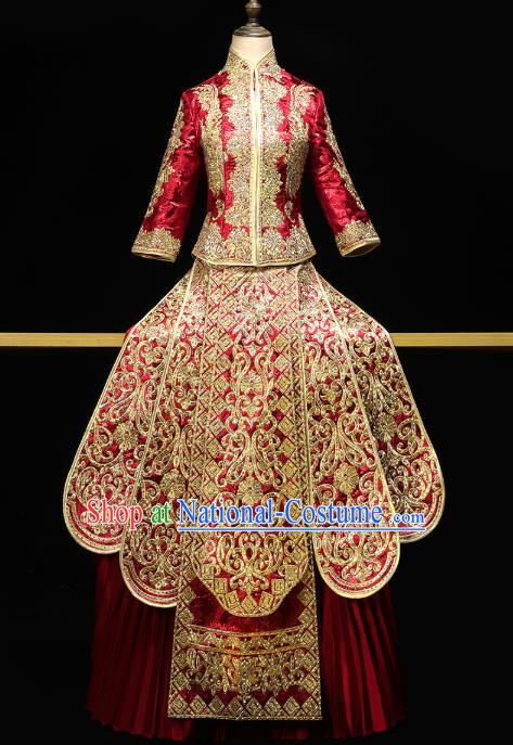 Chinese Wedding Toast Outfits Clothing Bride Costumes Traditional Embroidery Red Xiuhe Suit