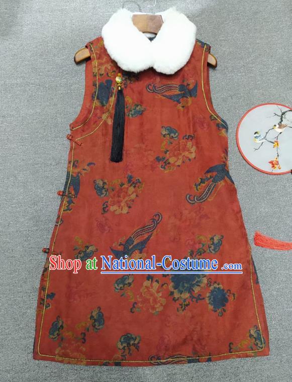 Chinese Classical Phoenix Pattern Red Qipao Dress Traditional Silk Cheongsam National Women Clothing