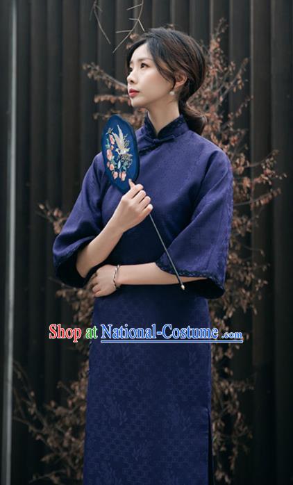 Chinese National Purple Cheongsam Traditional Young Woman Clothing Shanghai Wide Sleeve Qipao Dress