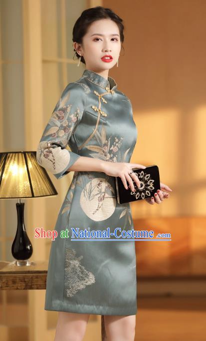 Chinese Classical Plum Blossom Pattern Blue Qipao Dress National Women Clothing Traditional Silk Cheongsam