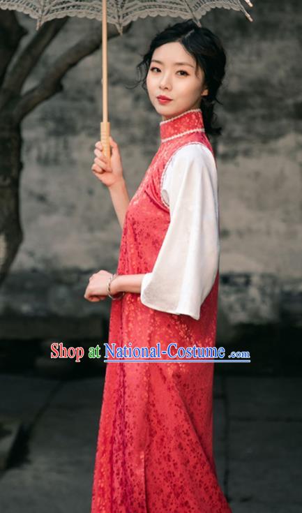 Chinese Shanghai Stand Collar Qipao Dress National Red Cheongsam Traditional Young Woman Clothing