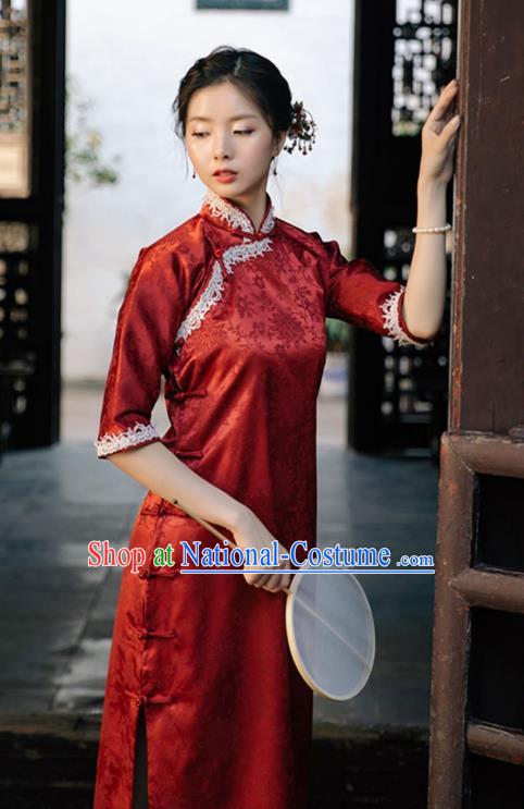 Chinese Traditional Shanghai Beauty Clothing Classical Red Brocade Qipao Dress National Cheongsam