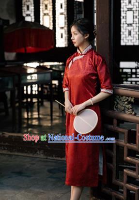 Chinese Traditional Shanghai Beauty Clothing Classical Red Brocade Qipao Dress National Cheongsam