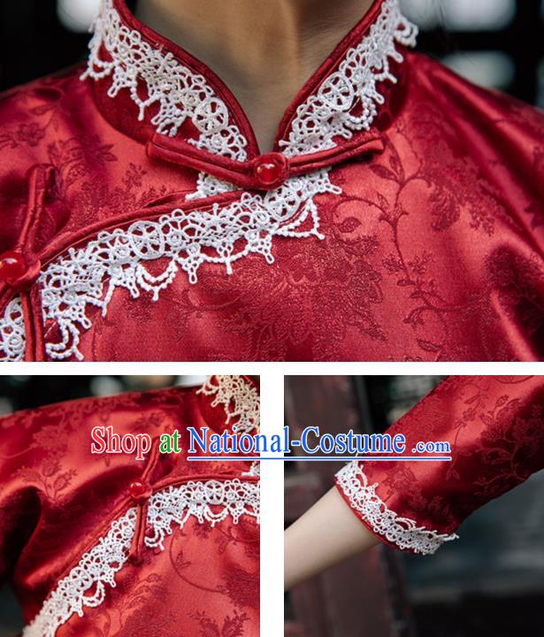 Chinese Traditional Shanghai Beauty Clothing Classical Red Brocade Qipao Dress National Cheongsam