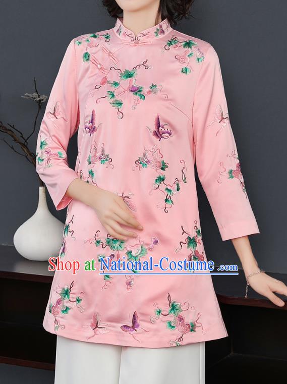 China Traditional Tang Suit Silk Coat Woman Embroidered Butterfly Pink Jacket