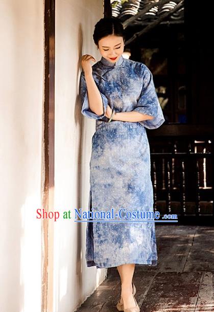 Chinese National Women Cheongsam Traditional Tie Dye Clothing Classical Blue Qipao Dress