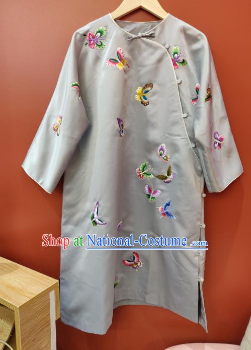 Chinese National Women Clothing Traditional Embroidered Butterfly Grey Silk Cheongsam Classical Qipao Dress