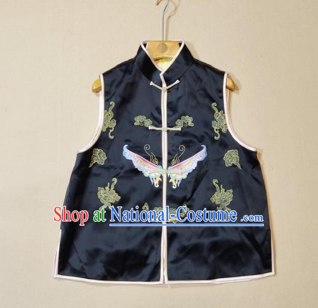 Chinese Tang Suit Waistcoat National Embroidered Butterfly Black Brocade Vest Upper Outer Garment