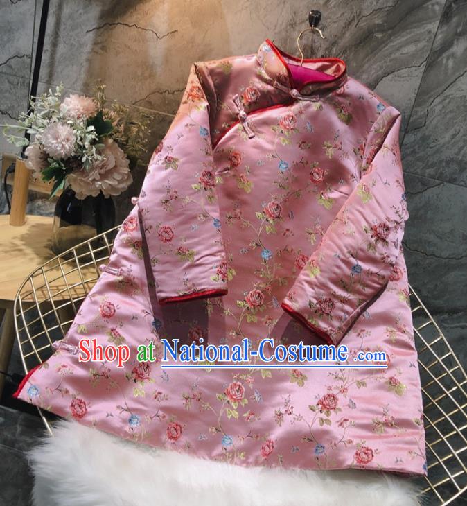 China Woman Classical Rose Pattern Pink Brocade Cotton Padded Jacket Traditional Tang Suit Overcoat