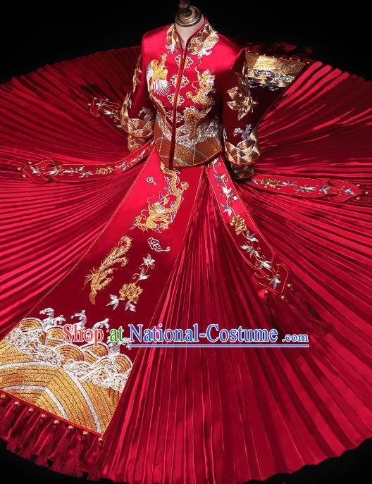 Chinese Traditional Embroidery Dragon Phoenix Red Xiuhe Suit Wedding Toast Outfits Clothing Bride Costumes