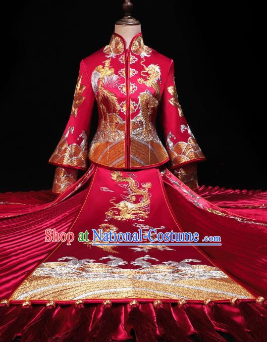 Chinese Traditional Embroidery Dragon Phoenix Red Xiuhe Suit Wedding Toast Outfits Clothing Bride Costumes