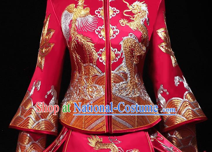 Chinese Traditional Embroidery Dragon Phoenix Red Xiuhe Suit Wedding Toast Outfits Clothing Bride Costumes