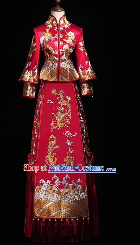 Chinese Traditional Embroidery Dragon Phoenix Red Xiuhe Suit Wedding Toast Outfits Clothing Bride Costumes