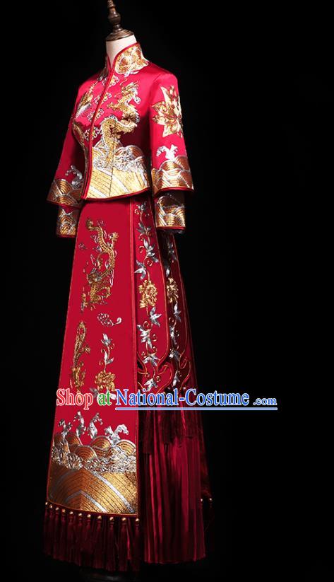 Chinese Traditional Embroidery Dragon Phoenix Red Xiuhe Suit Wedding Toast Outfits Clothing Bride Costumes