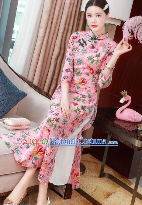 Chinese Classical Qipao Dress National Women Clothing Traditional Printing Flowers Pink Chiffon Cheongsam