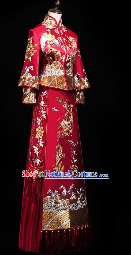 Chinese Traditional Embroidery Dragon Phoenix Red Xiuhe Suit Wedding Toast Outfits Clothing Bride Costumes