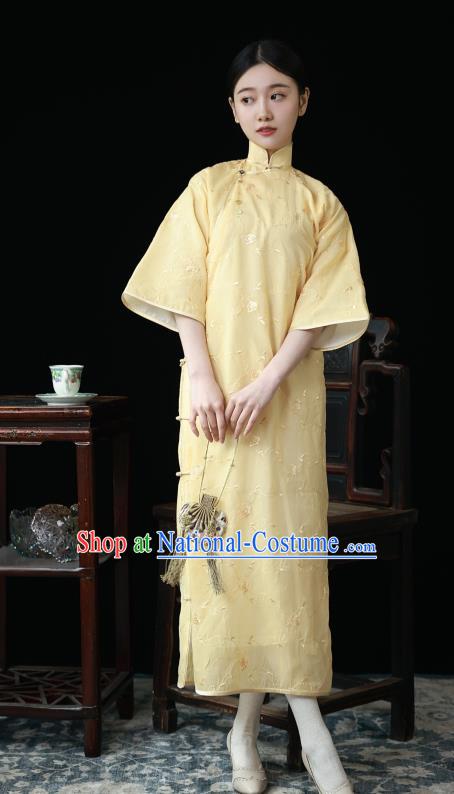 Chinese National Women Cheongsam Traditional Embroidered Clothing Classical Light Yellow Qipao Dress