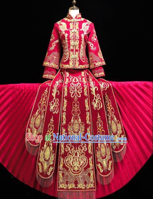 Chinese Ancient Bride Costumes Traditional Embroidery Red Xiuhe Suit Wedding Toast Outfits Clothing