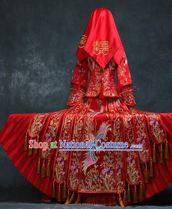 Chinese Traditional Embroidery Phoenix Peony Xiuhe Suit Wedding Toast Red Outfits Clothing Ancient Bride Costumes