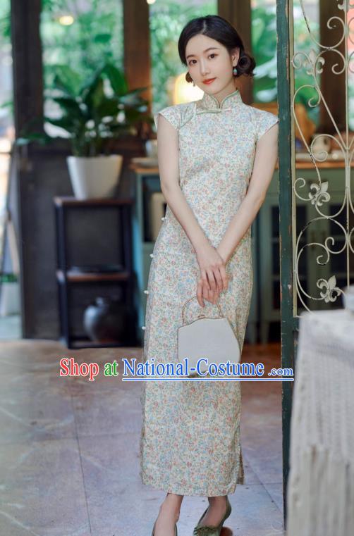 Republic of China Traditional Women Clothing Classical Printing Beige Cheongsam National Young Lady Qipao Dress