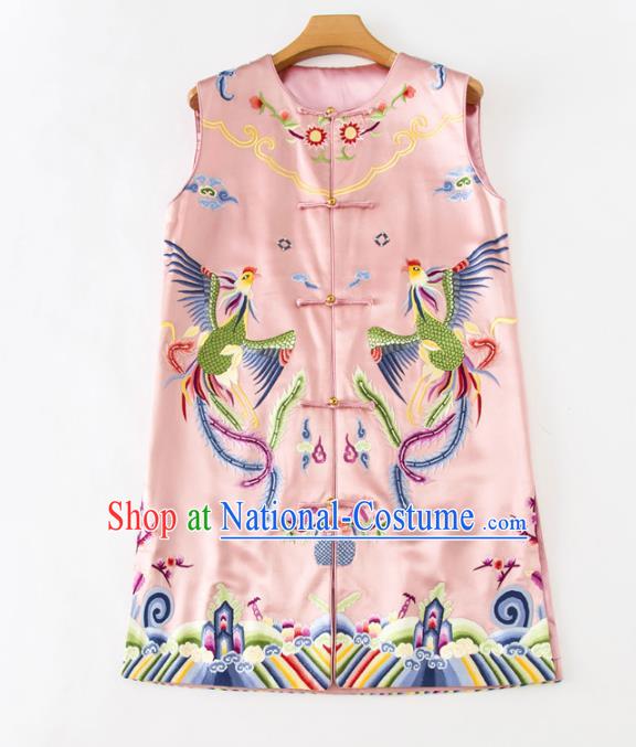 Chinese Embroidered Phoenix Pink Silk Vest National Women Clothing Tang Suit Waistcoat