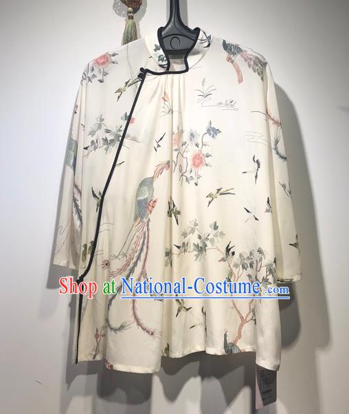 China Traditional Tang Suit White Silk Blouse Woman Printing Phoenix Peony Shirt Upper Outer Garment