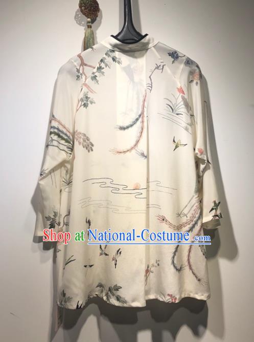 China Traditional Tang Suit White Silk Blouse Woman Printing Phoenix Peony Shirt Upper Outer Garment