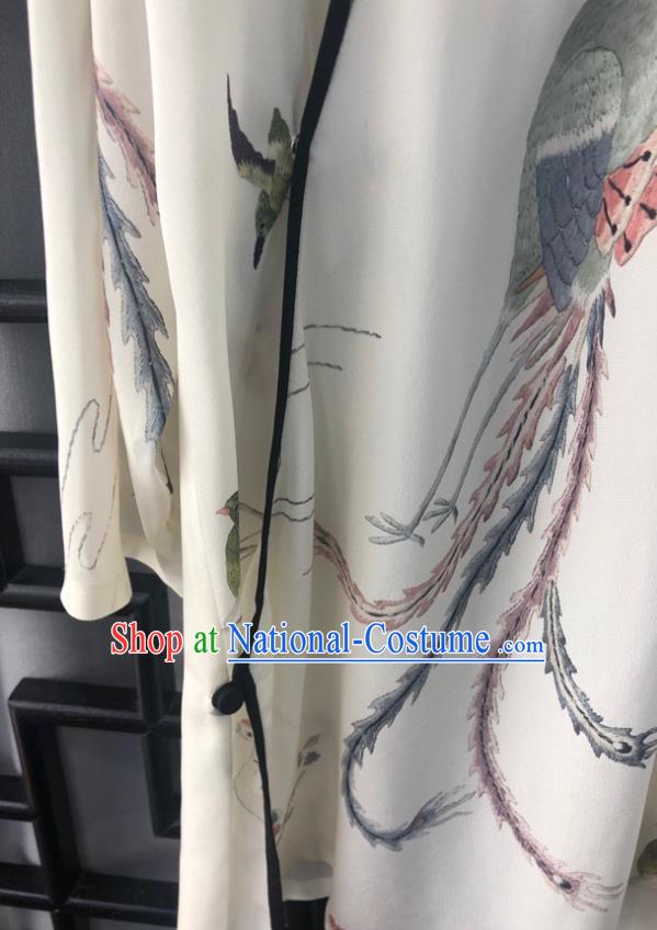 China Traditional Tang Suit White Silk Blouse Woman Printing Phoenix Peony Shirt Upper Outer Garment