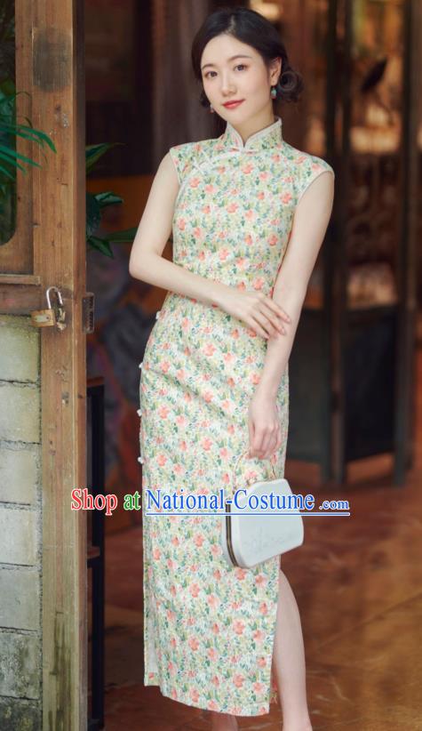 Republic of China Young Beauty Clothing National Printing Galsang Flowers Qipao Dress Classical Light Yellow Cheongsam