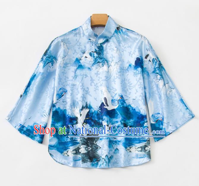 China Woman Printing Crane Blue Silk Shirt Upper Outer Garment Traditional Tang Suit Blouse