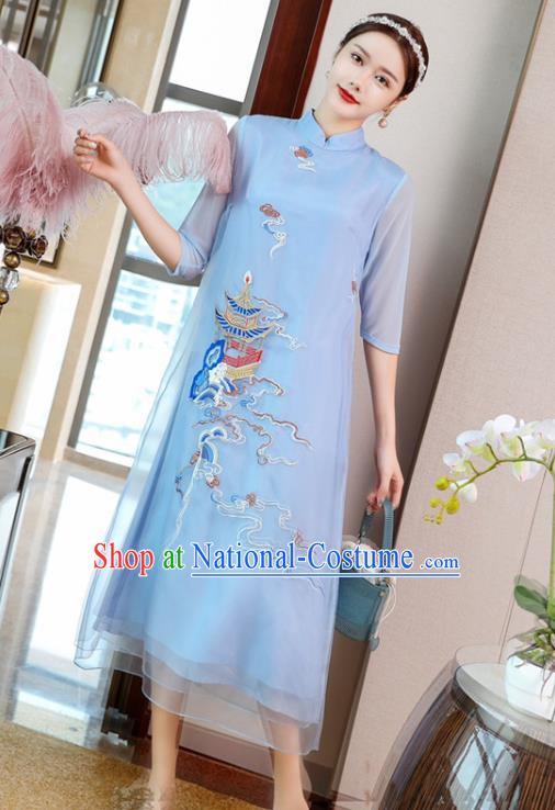 Chinese National Women Clothing Traditional Embroidered Blue Chiffon Cheongsam Classical Qipao Dress