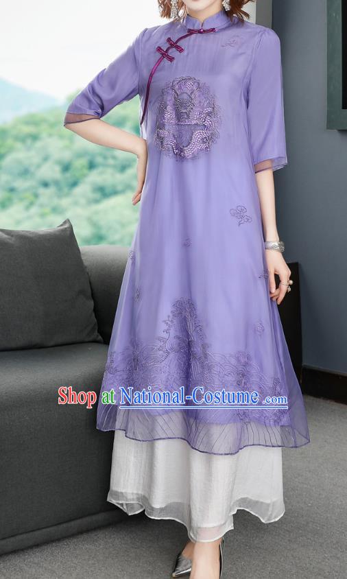 Chinese Traditional Embroidered Dragon Purple Chiffon Cheongsam Women Classical Qipao Dress