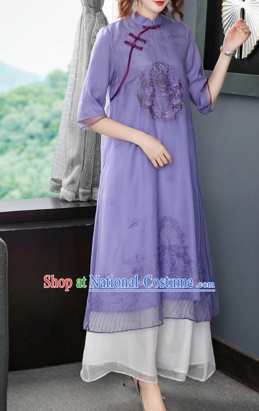 Chinese Traditional Embroidered Dragon Purple Chiffon Cheongsam Women Classical Qipao Dress