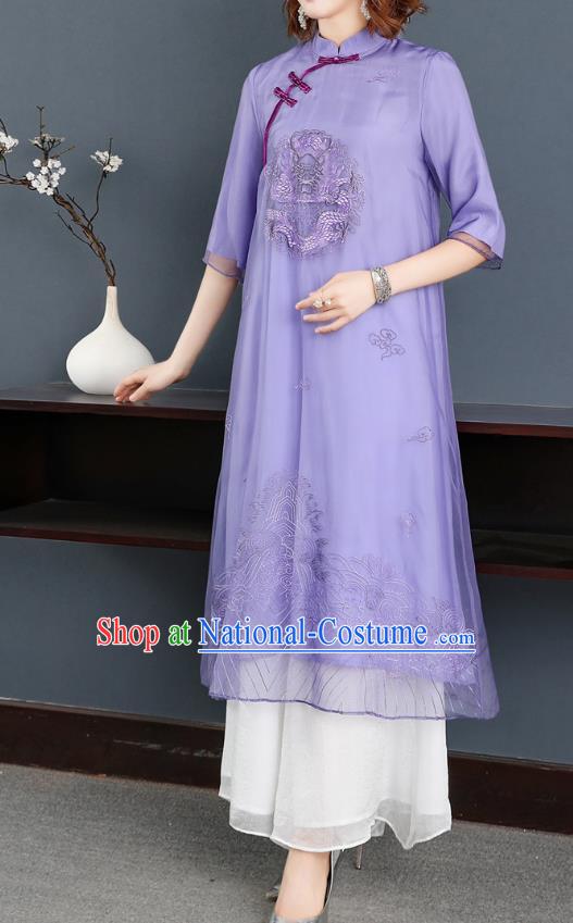 Chinese Traditional Embroidered Dragon Purple Chiffon Cheongsam Women Classical Qipao Dress