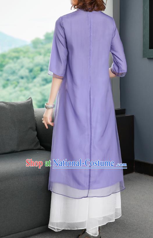 Chinese Traditional Embroidered Dragon Purple Chiffon Cheongsam Women Classical Qipao Dress