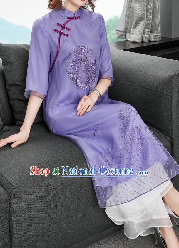 Chinese Traditional Embroidered Dragon Purple Chiffon Cheongsam Women Classical Qipao Dress