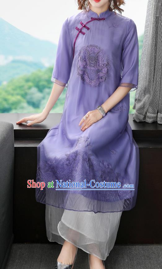 Chinese Traditional Embroidered Dragon Purple Chiffon Cheongsam Women Classical Qipao Dress