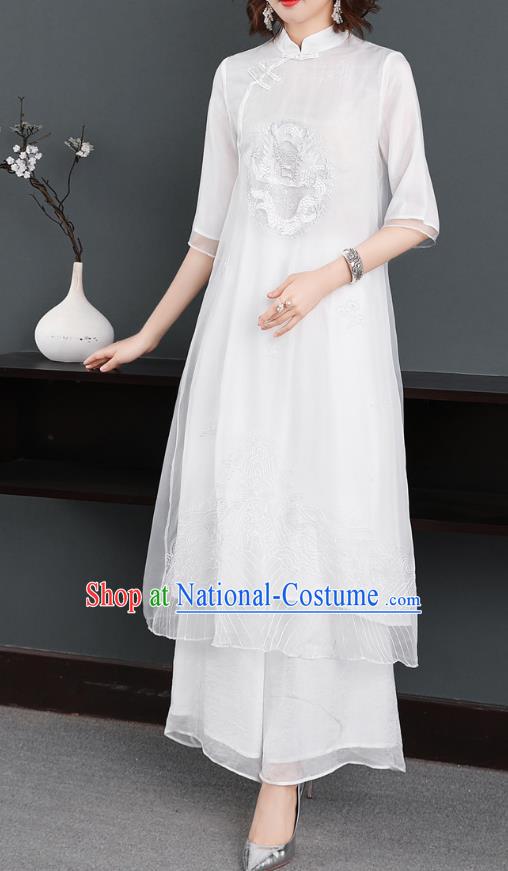 Chinese Women Classical Qipao Dress Traditional Embroidered Dragon White Chiffon Cheongsam